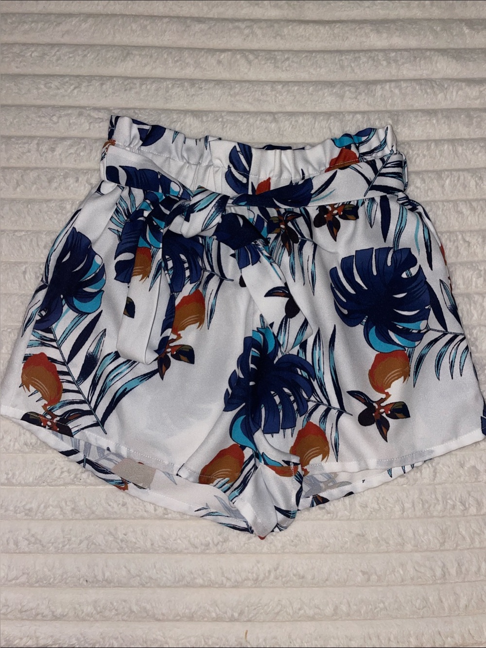 SHEIN White Tropical Print Halter Top with Navy & Teal Accents